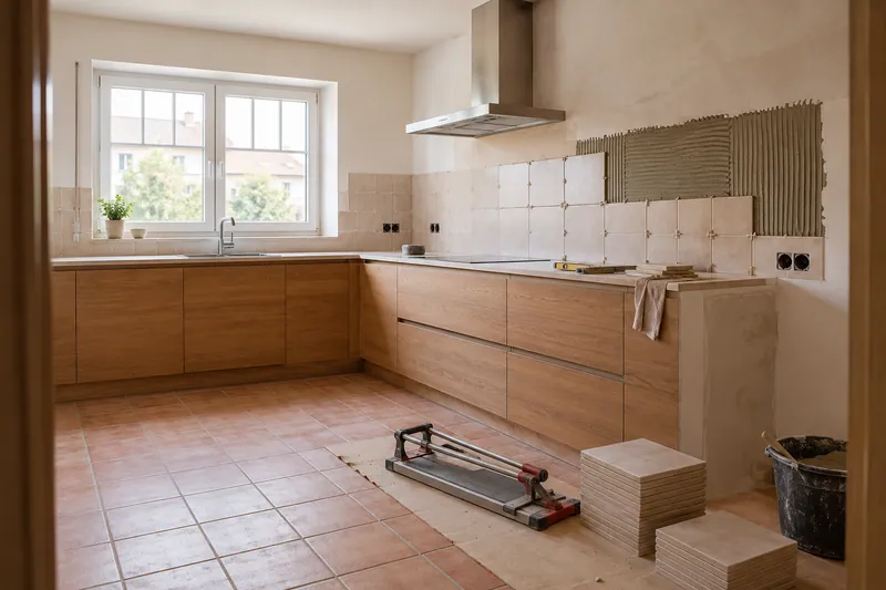 Visualización conceptual IA: Colocación de azulejos con separadores y adhesivo sobre una pared de cocina.