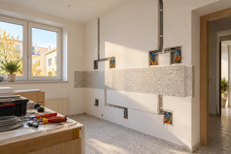 Visualización conceptual IA: Canalizaciones y cajas eléctricas durante la preparación de una cocina.