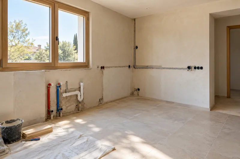Visualización conceptual IA: Tuberías de suministro y desagüe durante la renovación de una cocina.