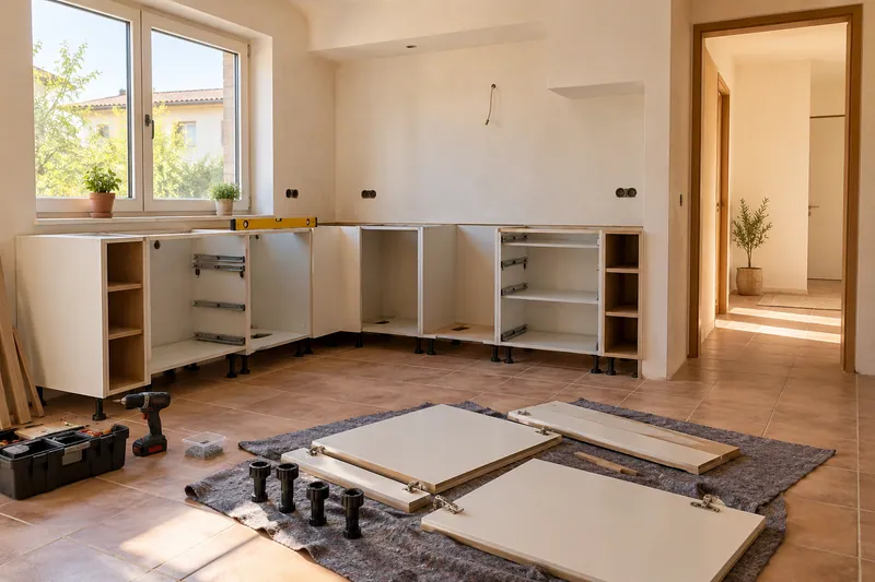 Visualización conceptual IA: Módulos de cocina en montaje con puertas pendientes de colocar.